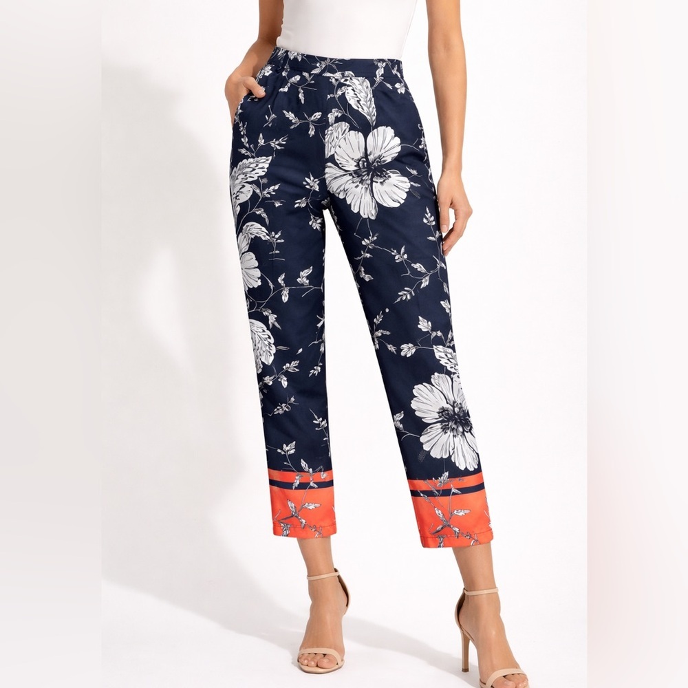 Haute Rogue Statement Floral Ankle Pants Navy Orange Hem Size S